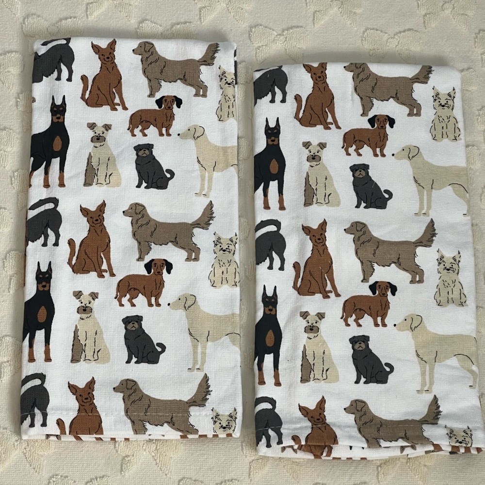 SOLD! Dog Pattern Cotton Kitchen Towel - White with Brown, Black & Gray Dogs